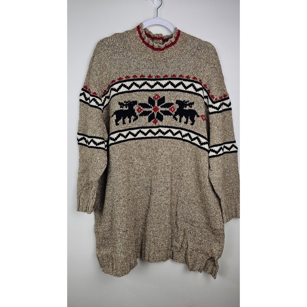 VTG Eddie Bauer Sweater Womens XXL Brown Nordic Moose Silk Blend Tunic 90s
